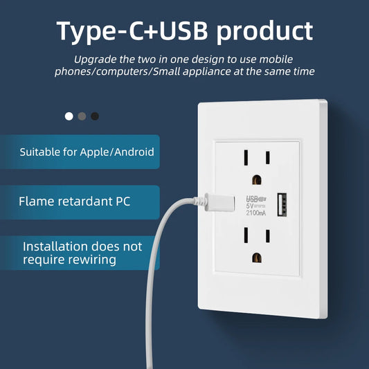 SRAN US Standard Dual Usb Wall Plug Socket,Double 2.1A Socket With Usb c,White/Black/Gold PC Flame Retardant Panel 118mm*76mm