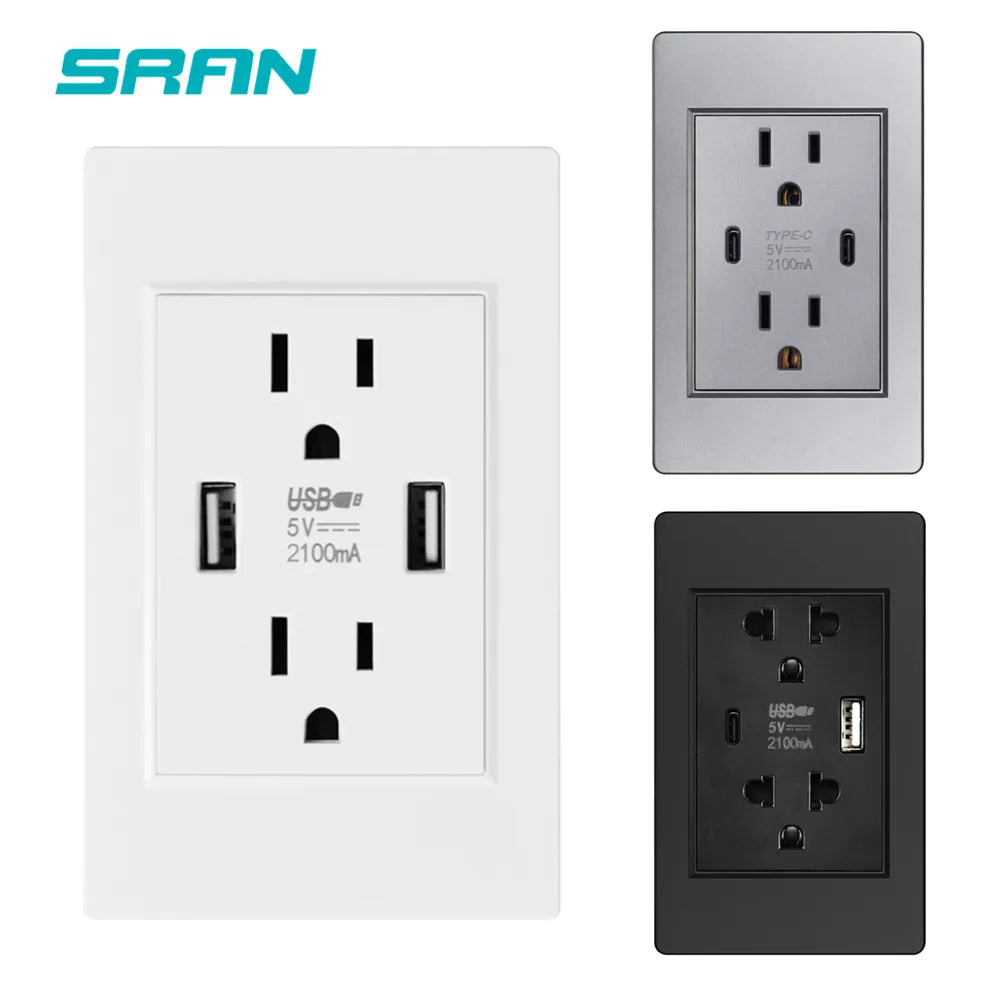 SRAN US Standard Dual Usb Wall Plug Socket,Double 2.1A Socket With Usb c,White/Black/Gold PC Flame Retardant Panel 118mm*76mm
