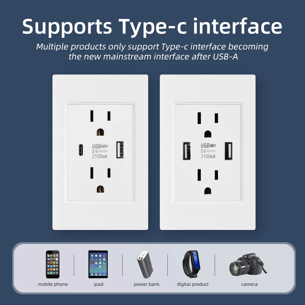 SRAN US Standard Dual Usb Wall Plug Socket,Double 2.1A Socket With Usb c,White/Black/Gold PC Flame Retardant Panel 118mm*76mm