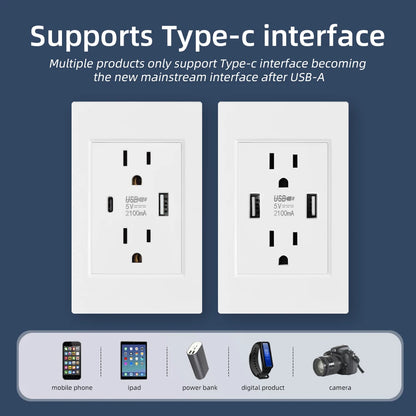 SRAN US Standard Dual Usb Wall Plug Socket,Double 2.1A Socket With Usb c,White/Black/Gold PC Flame Retardant Panel 118mm*76mm