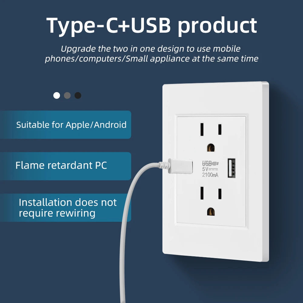 SRAN US Standard Dual Usb Wall Plug Socket,Double 2.1A Socket With Usb c,White/Black/Gold PC Flame Retardant Panel 118mm*76mm